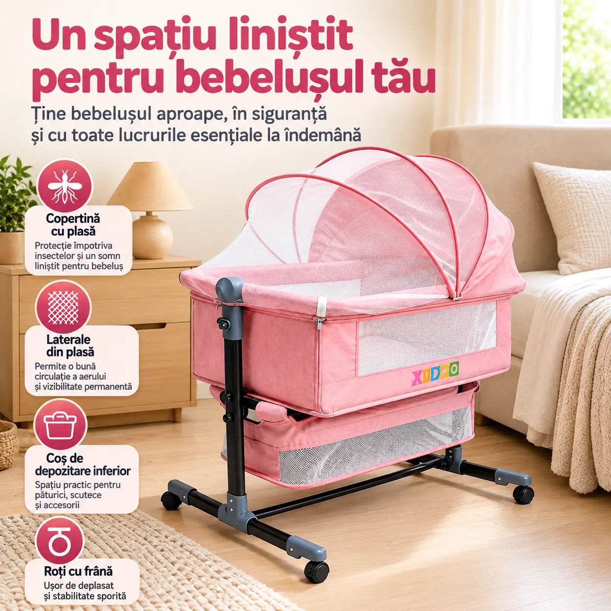 Pătuț Reglabil și Portabil 6 în 1 KIDOO® pentru Bebe – Saltea, Plasă Anti-Țânțari și Coș de Depozitare
