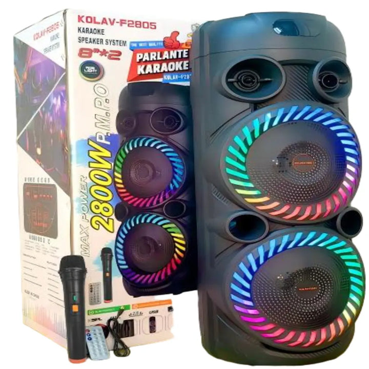 Boxă Karaoke Portabilă KOLAV-F2805 2800W PMPO, 2x8", Bluetooth, Microfon Wireless Inclus, RGB LED, USB-C, TF Card, AUX, TW