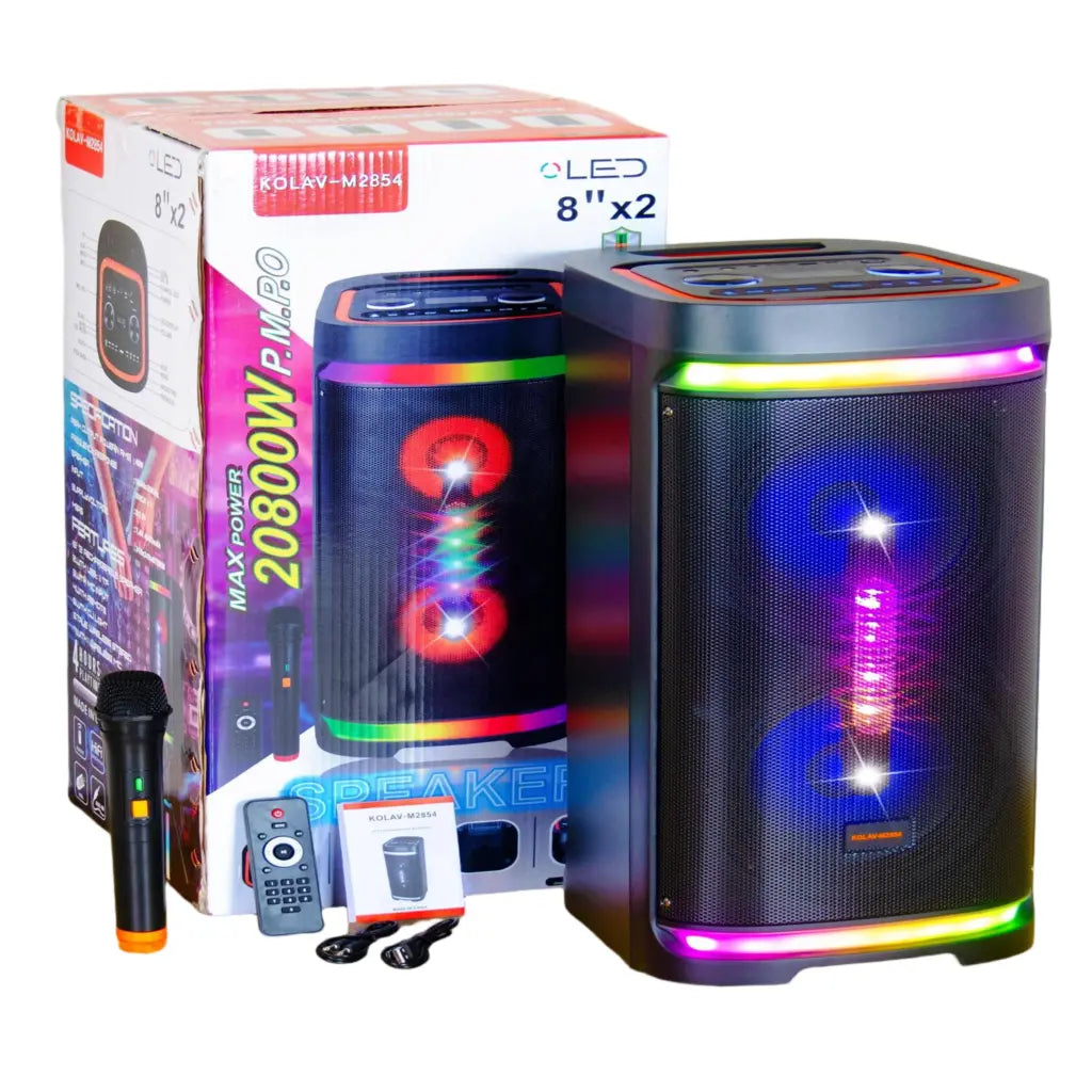 Boxă Karaoke Portabilă KOLAV-M2854 200W PMPO, 2x8", Bluetooth, Microfon Wireless Inclus, RGB LED, TWS, USB-C, TF Card, Telecomandă și Xtra Bass