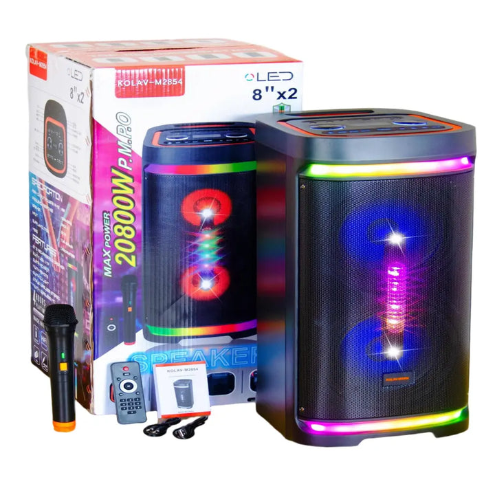 Boxă Karaoke Portabilă KOLAV-M2854 400W PMPO, 2x8", Bluetooth, Microfon Wireless Inclus, RGB LED, TWS, USB-C, TF Card, Telecomandă și Xtra Bass