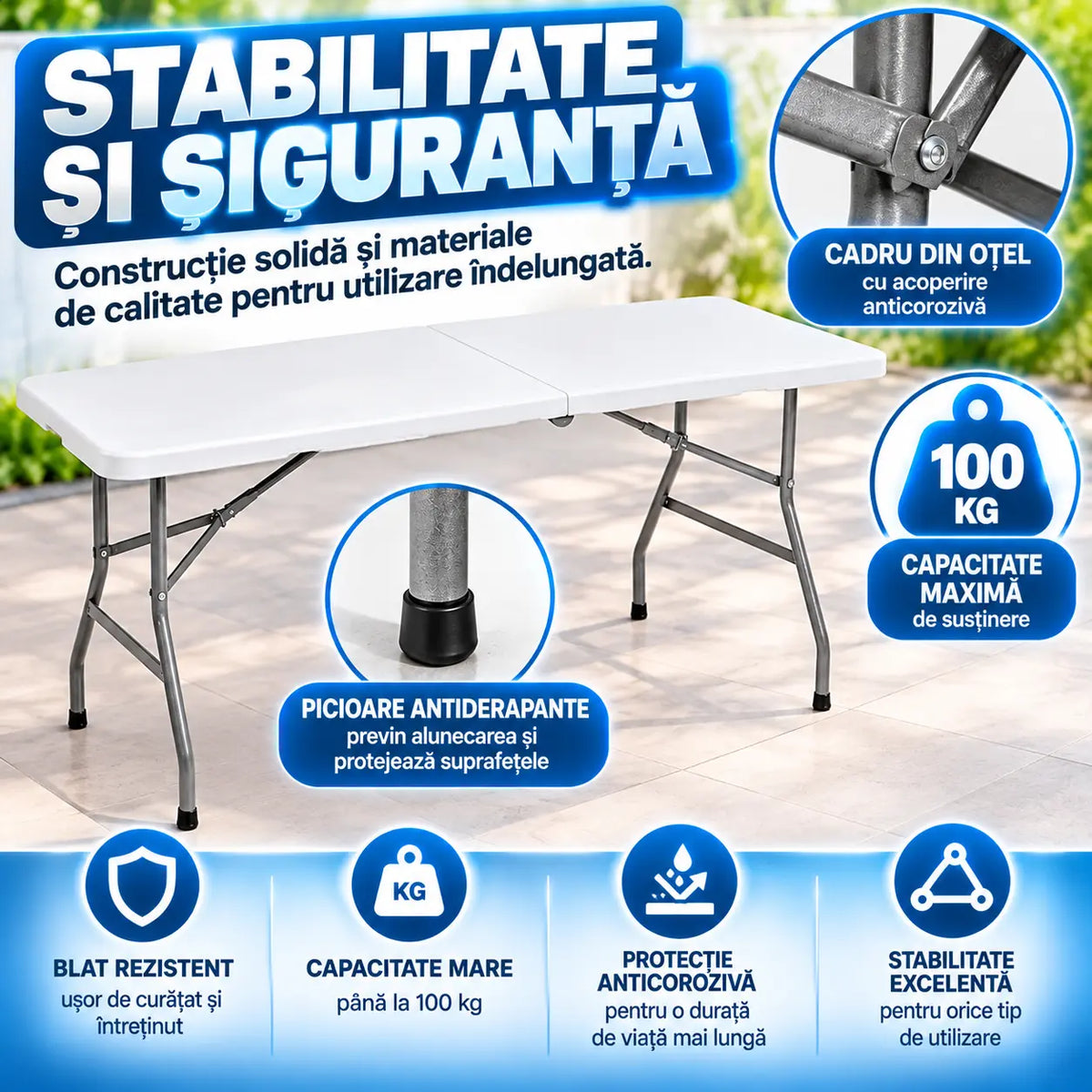 Masa plianta dreptunghiulara politilena, AT PERFORMANCE®, sigurante speciale, cadru din otel, maner transport, sustine 100 kg, 180 x 72 x 70 cm
