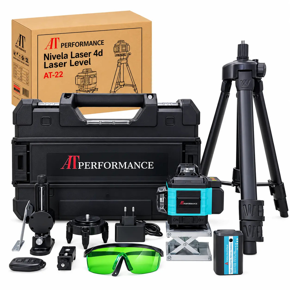 Nivel laser 4D cu 16 linii, AT PERFORMANCE®, 360°, Platforma de ridicare, cu autonivelare, Telecomanda, Lumina verde, Trepied 95 cm