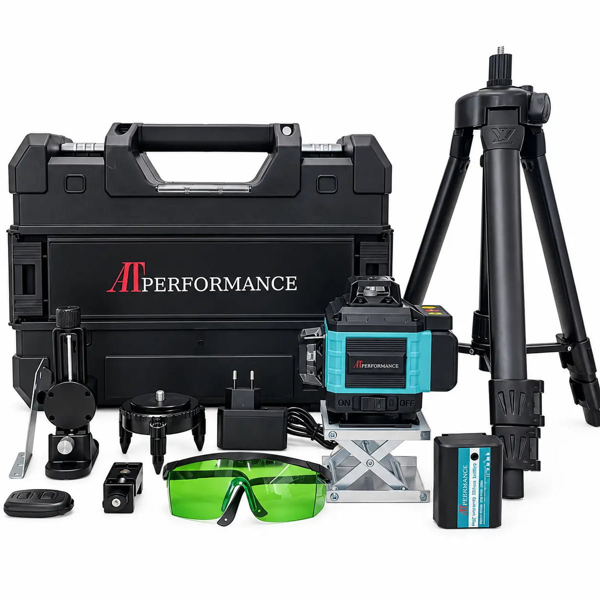 Nivel laser 4D cu 16 linii, AT PERFORMANCE®, 360°, Platforma de ridicare, cu autonivelare, Telecomanda, Lumina verde, Trepied 95 cm