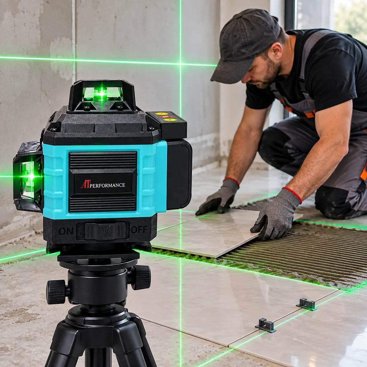 Nivel laser 4D cu 16 linii, AT PERFORMANCE®, 360°, Platforma de ridicare, cu autonivelare, Telecomanda, Lumina verde, Trepied 95 cm