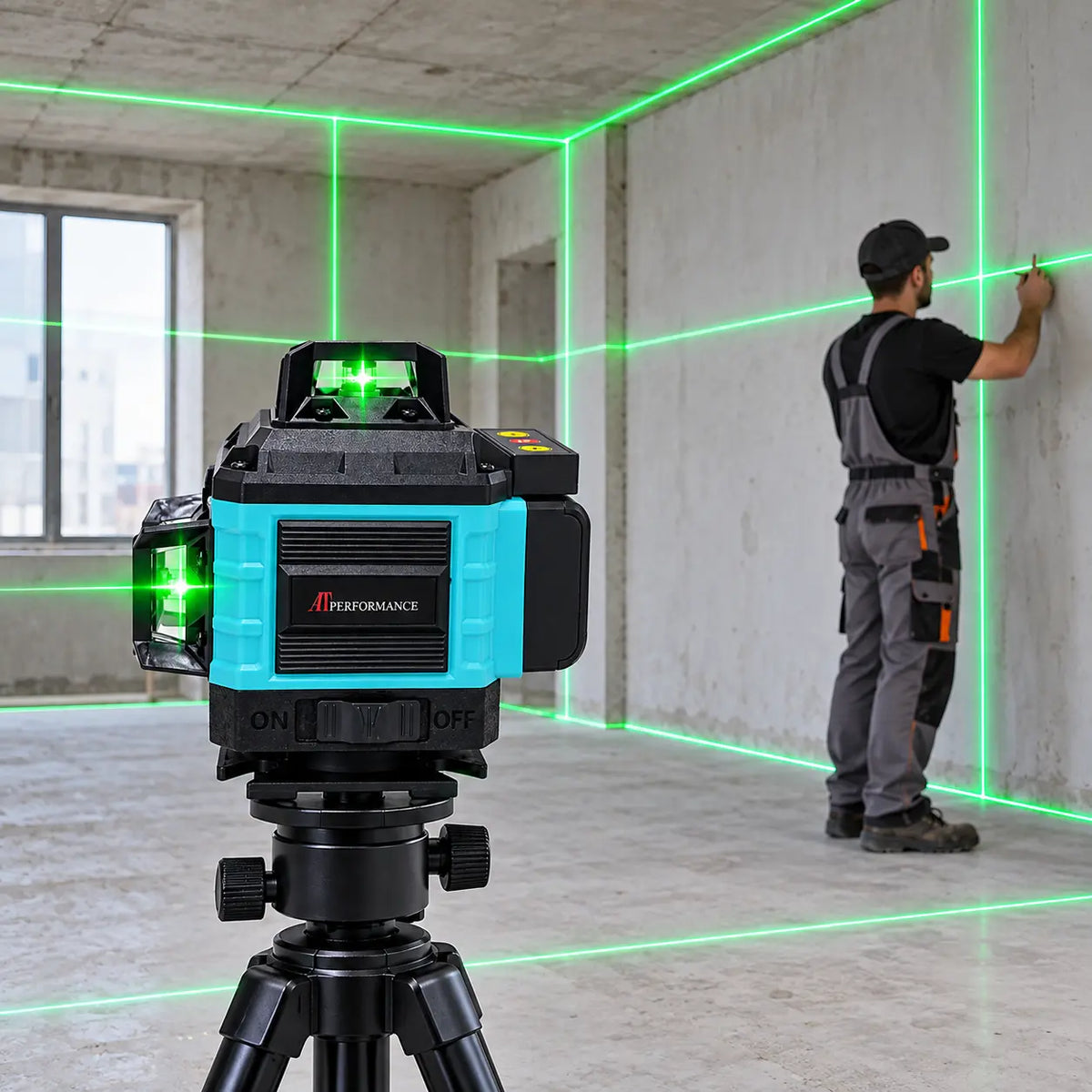 Nivel laser 4D cu 16 linii, AT PERFORMANCE®, 360°, Platforma de ridicare, cu autonivelare, Telecomanda, Lumina verde, Trepied 95 cm