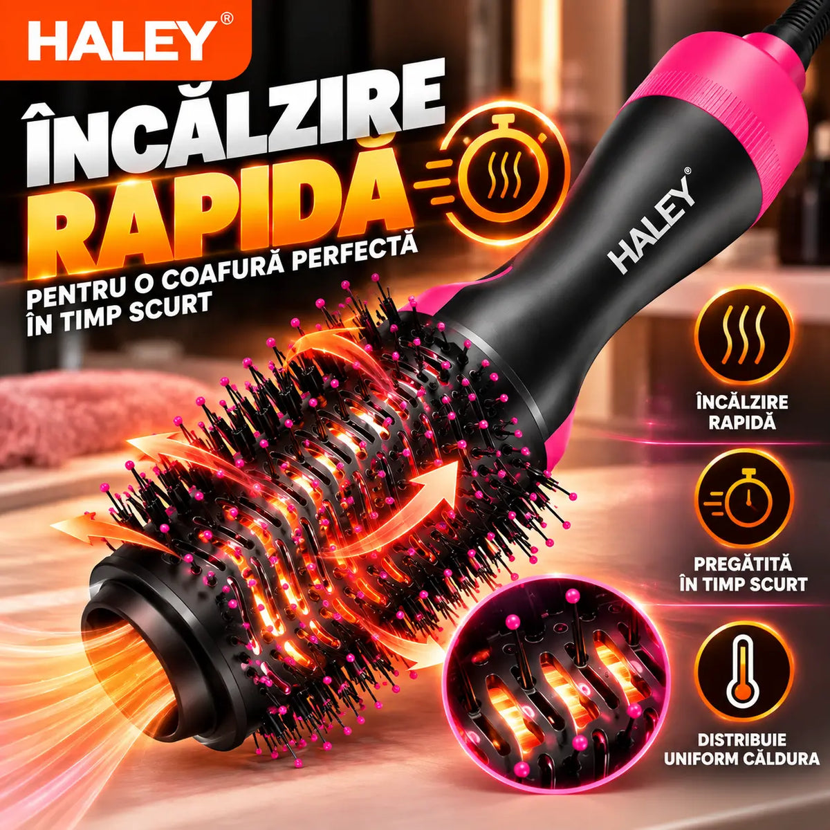 Perie Electrică cu Aer Cald HALEY HY-4032, 1000W, Încălzire Rapidă, Modelare de Lungă Durată, Hot Air Brush