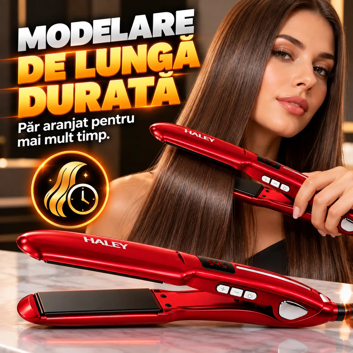 Placă de Îndreptat Părul HALEY HY-3022, 60W, Încălzire Rapidă, Modelare de Lungă Durată, Nu se Lipește de Păr, Hair Straightener, Roșu