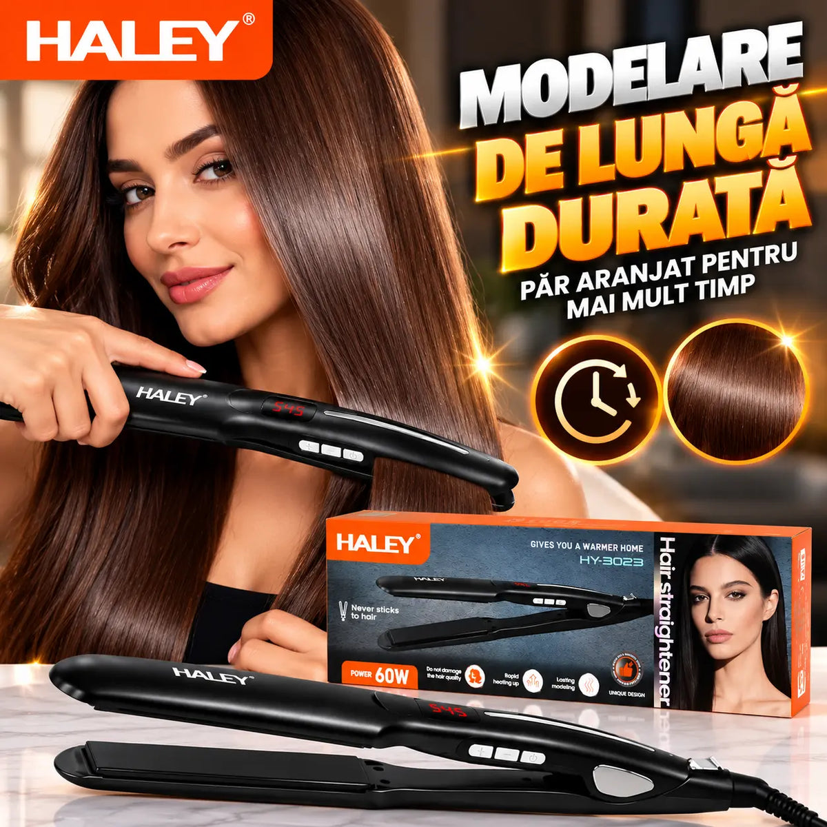 Placă de Îndreptat Părul HALEY HY-3023, 60W, Încălzire Rapidă, Modelare de Lungă Durată, Design Unic, Hair Straightener