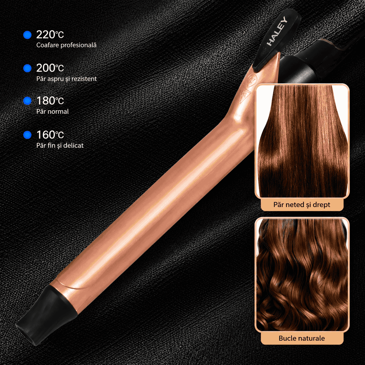 Ondulator de Păr HALEY HY-3503, 55W, 160–220°C, Ceramică cu Turmalină, Afișaj Digital, Încălzire Rapidă, Rose Gold/Negru
