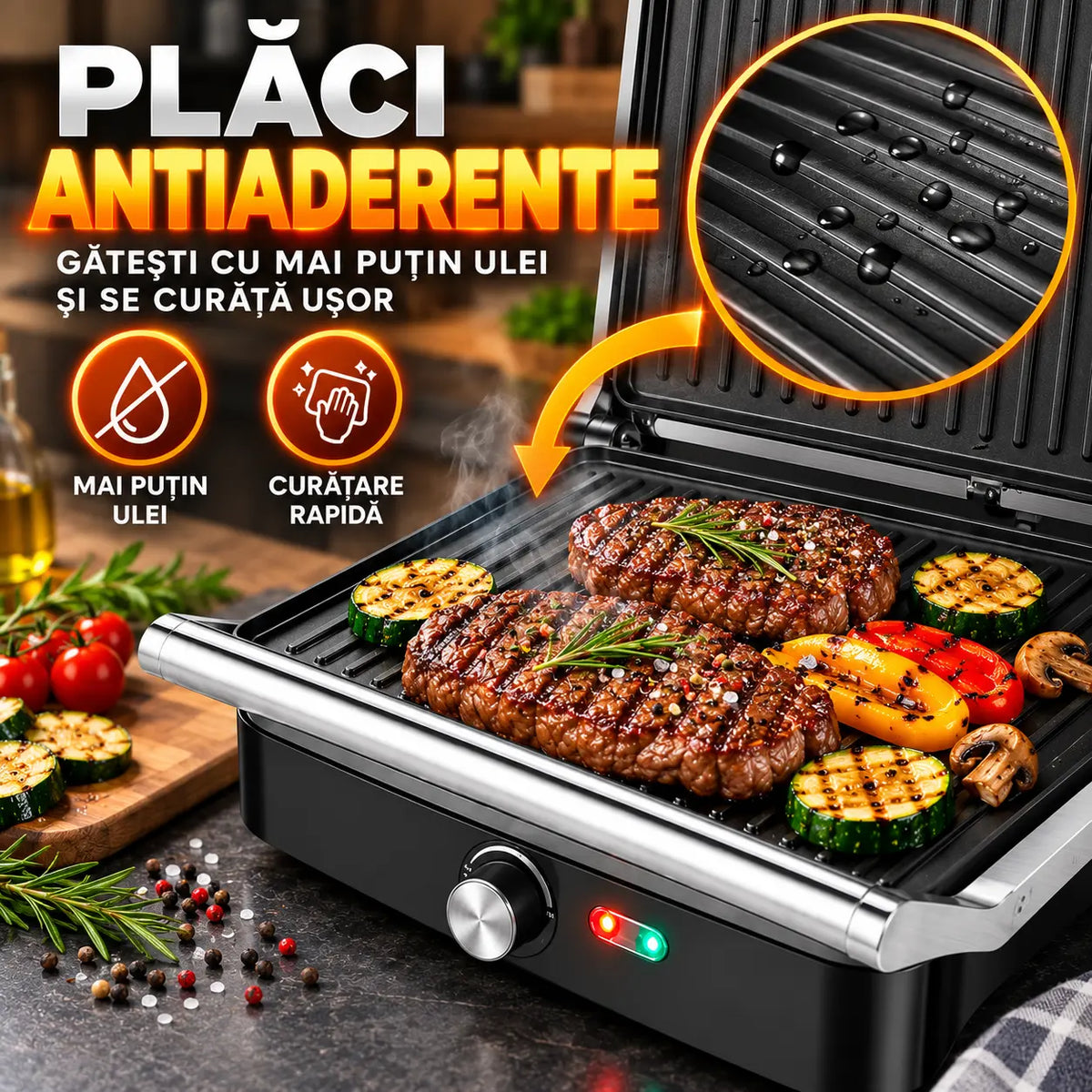 Grill Electric Haley HY-8609, 2000W, Plăci Antiaderente, Deschidere 180°
