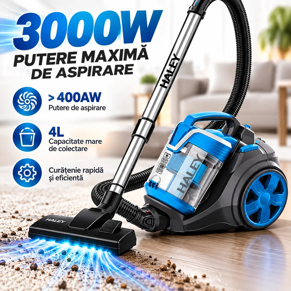 Aspirator cu Sac HALEY 4L, 3000W, Aspirator de praf Aspirator puternic cu fir, de calitate, cu ciclon