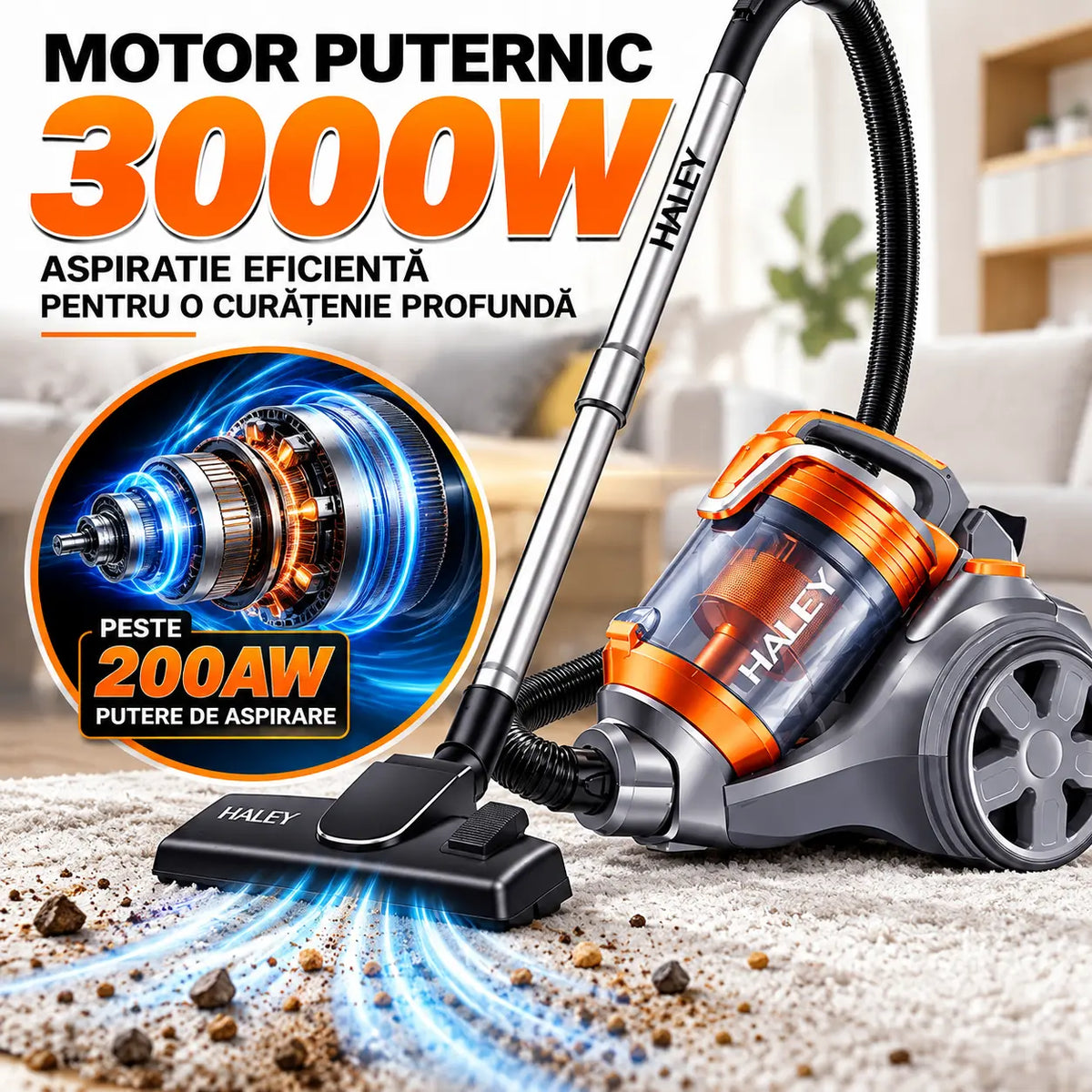 Aspirator portabil HALEY, cu aspirație mare, 4 litri, 3000W, cu saci, Portocaliu/Gri