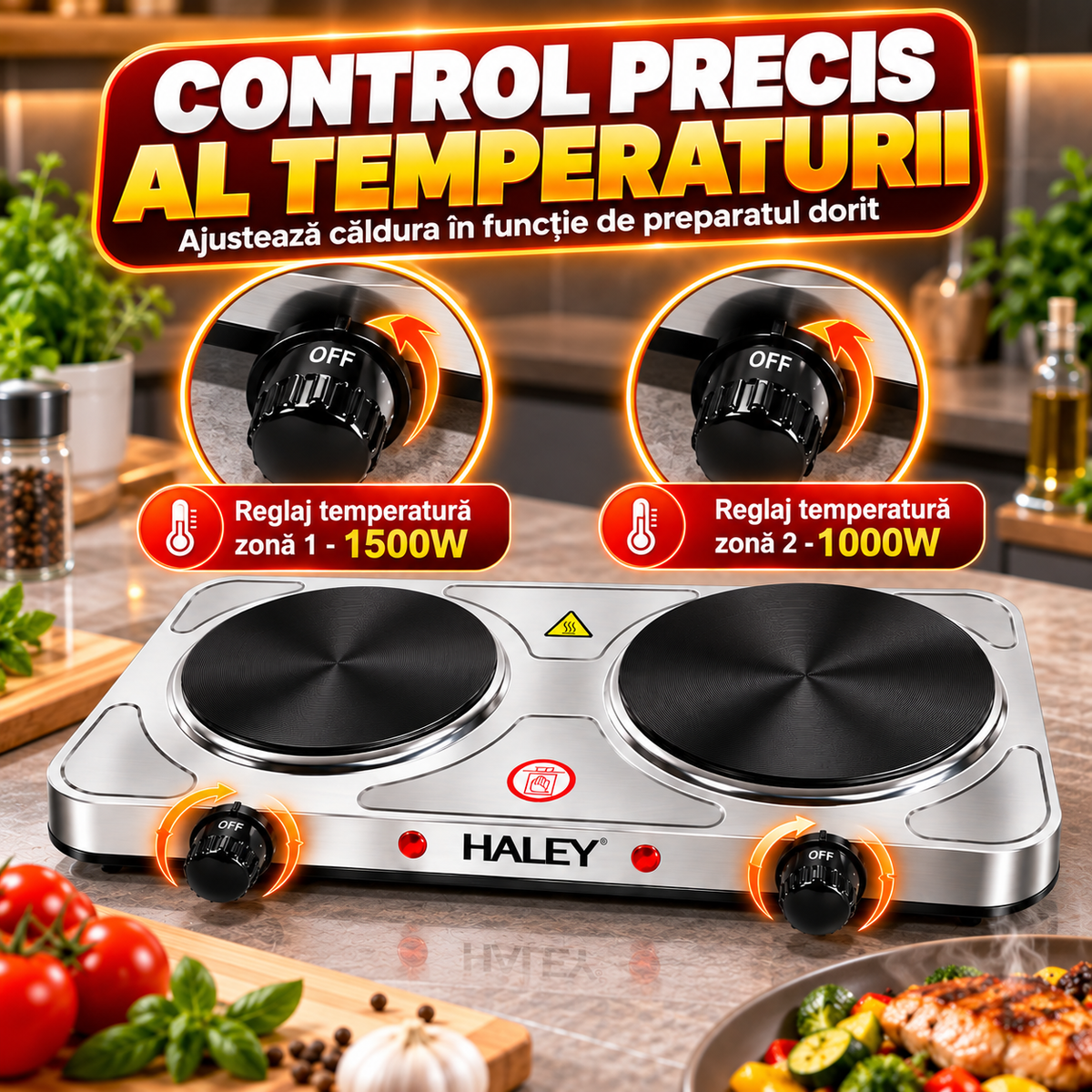 Plita Electrica HALEY HY-1893, 2 Zone de Gatit, Putere 1500W + 1000W, Design Elegant din Otel Inoxidabil