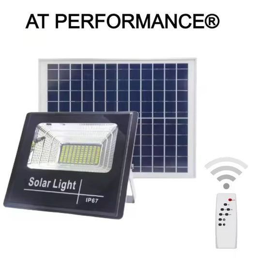 Proiector LED/Lampa solara de exterior AT PERFORMANCE®, Rezistent la Apa IP66, cu Panou Solar, 220 LED SMD, 100W, Senzor de lumina, Timer, cu Telecomanda, 2 moduri de iluminat, kit montaj inclus, Lumina Rece.
