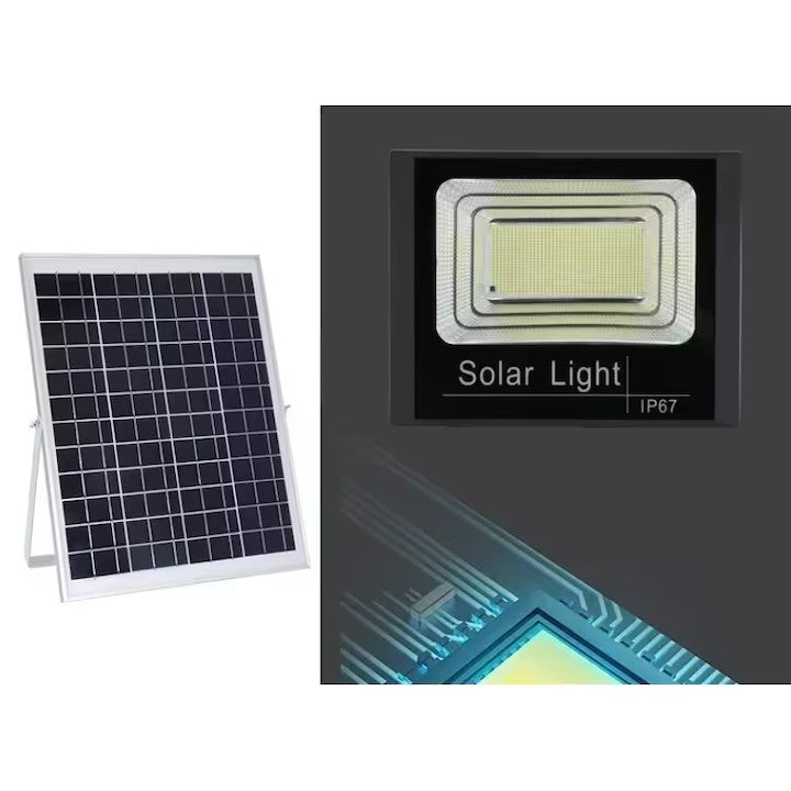 Proiector LED/Lampa solara de exterior AT PERFORMANCE®, Rezistent la Apa IP66, cu Panou Solar, 220 LED SMD, 100W, Senzor de lumina, Timer, cu Telecomanda, 2 moduri de iluminat, kit montaj inclus, Lumina Rece.