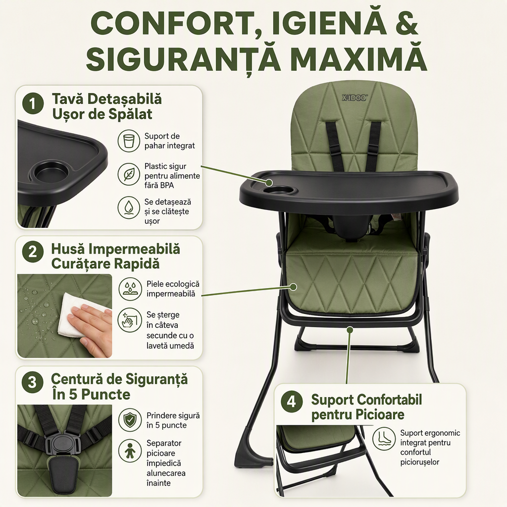 Scaun de masă pliabil pentru bebeluși și copii KIDOO HCY021 – Compact, Metalic, 6–36 luni