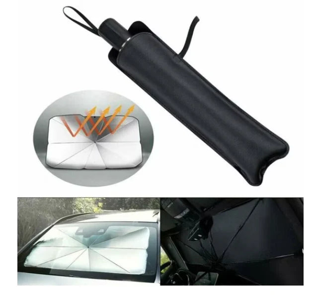Parasolar Auto Pliabil, Pentru Masina, 140 X 75 Cm, In Forma De Umbrela, Negru-Argintiu, Rezistent UV