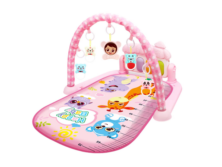 Saltea de joaca Muzicala, KIDOO , Interactiva cu Pian 5 in 1,98 cm, print Happy Baby cu animalute, pentru Bebelusi, Roz