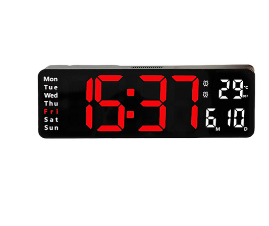 Ceas digital de perete/birou, cu alarma, calendar, afisaj temperatura, rosu