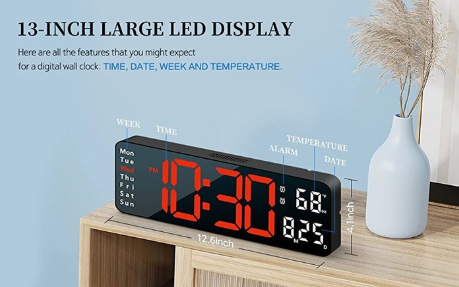 Ceas digital de perete/birou, cu alarma, calendar, afisaj temperatura, rosu