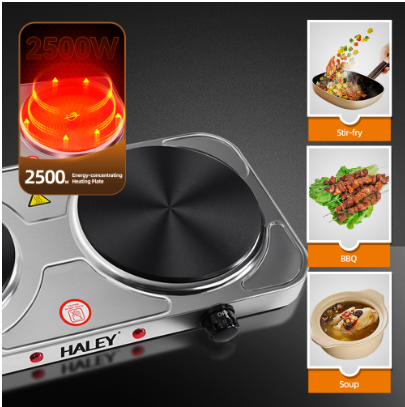 Plita Electrica HALEY HY-1893, 2 Zone de Gatit, Putere 1500W + 1000W, Design Elegant din Otel Inoxidabil