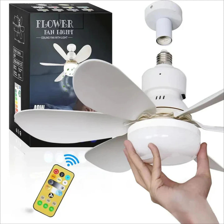 Ventilator de Tavan cu LED și Telecomandă E27, 6 Pale Pliabile, 3 Viteze, 3 Moduri de Iluminare, Bec Ventilator 2 în 1, Montaj Fără Cablare, Alb
