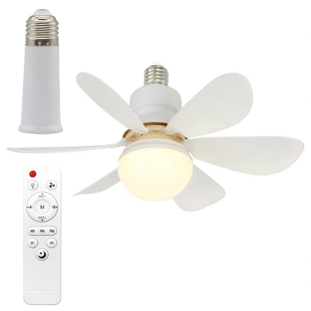 Ventilator de Tavan cu LED și Telecomandă E27, 6 Pale Pliabile, 3 Viteze, 3 Moduri de Iluminare, Bec Ventilator 2 în 1, Montaj Fără Cablare, Alb