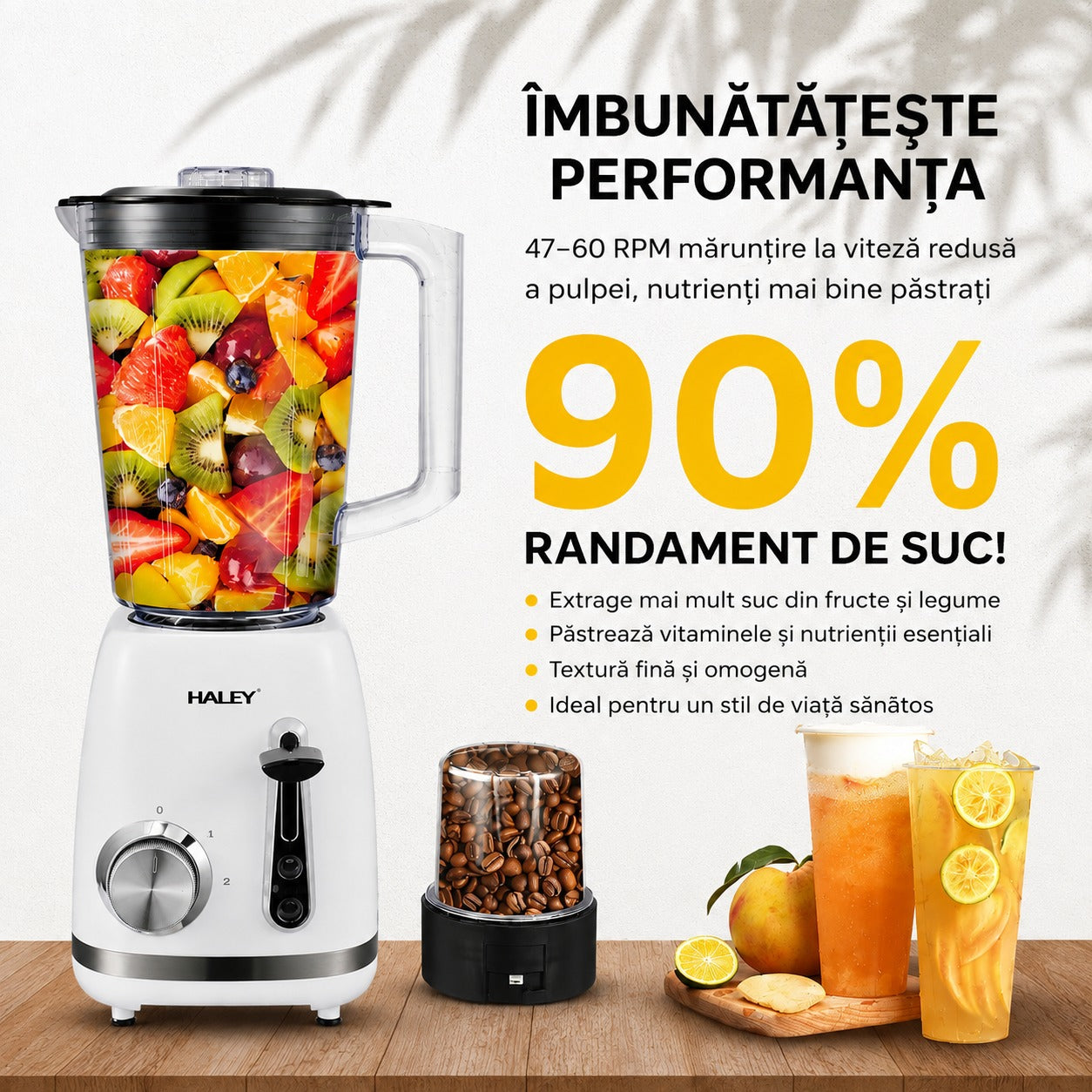 Blender Cu Funcție Pulse, 2 Viteze, Capacitate 1.5L, 500W, Lame Din Oțel Inoxidabil, Funcție De Zdrobire A Gheții Și Protecție La Supraîncălzire