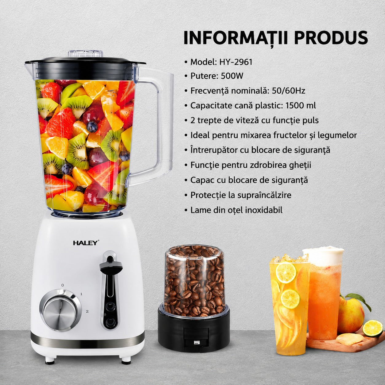 Blender Cu Funcție Pulse, 2 Viteze, Capacitate 1.5L, 500W, Lame Din Oțel Inoxidabil, Funcție De Zdrobire A Gheții Și Protecție La Supraîncălzire