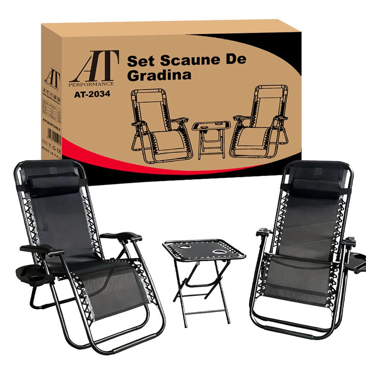 Set 2 Scaune Șezlonguri Zero Gravity + Masă cu Suport Pahare AT PERFORMANCE® – Pachet Promo Exterior