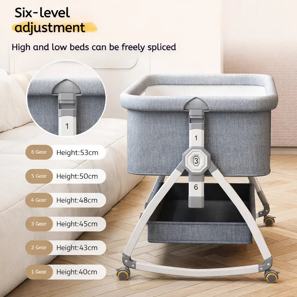 Pat portabil pentru bebeluși KIDOO® 3 în 1 cu saltea confortabilă, înălțime reglabilă, roți și pliere ușoară – ideal pentru nou-născuți, gri