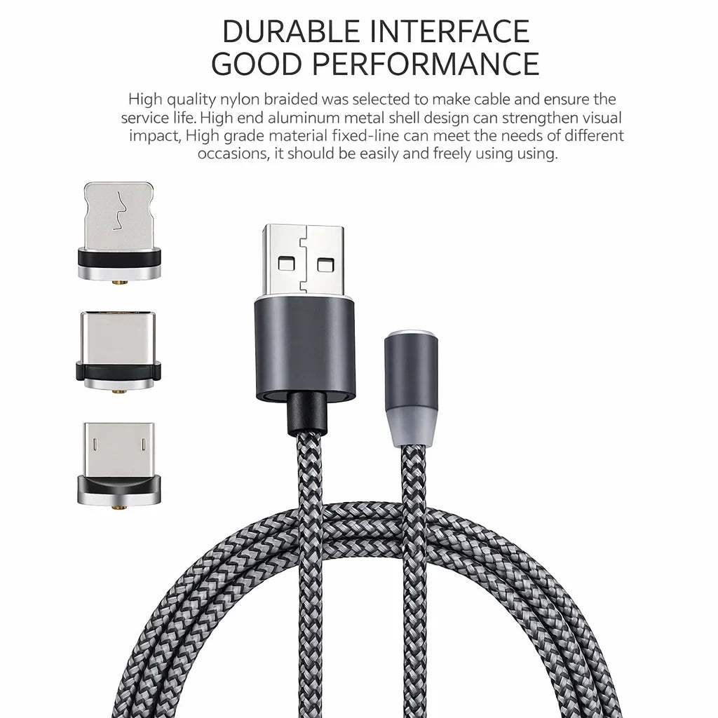 Cablu Magnetic 3 în 1 360° Metalic – Lightning / Micro USB / USB-C