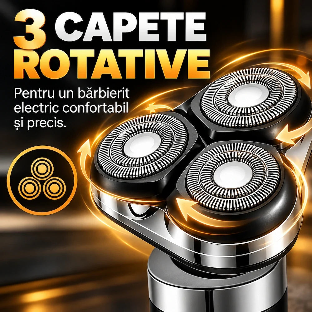 Aparat de Bărbierit Electric HALEY HY-4705 3 în 1, 3 Capete Rotative, Trimmer Barbă și Nas, Încărcare USB, Bărbați