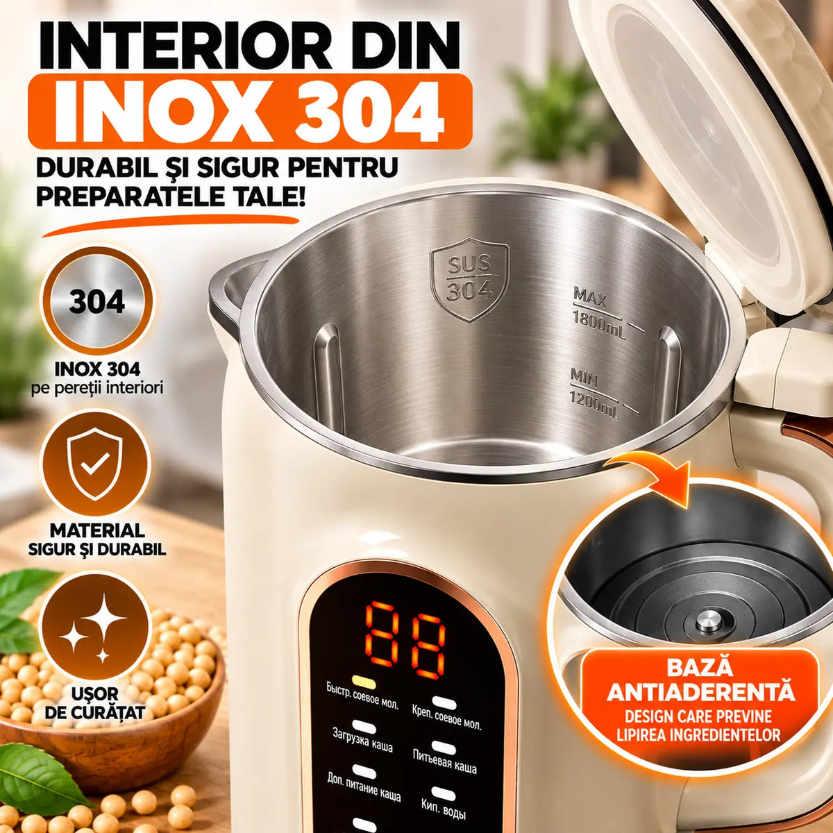 Aparat Multifuncțional pentru Prepararea Laptelui Vegetal și de Soia HALEY® HY-2721, 1800 ml, Putere Mixare 500W, Încălzire 1000W, 8 Funcții, Panou Tactil, Timer 12 Ore, Autocurățare