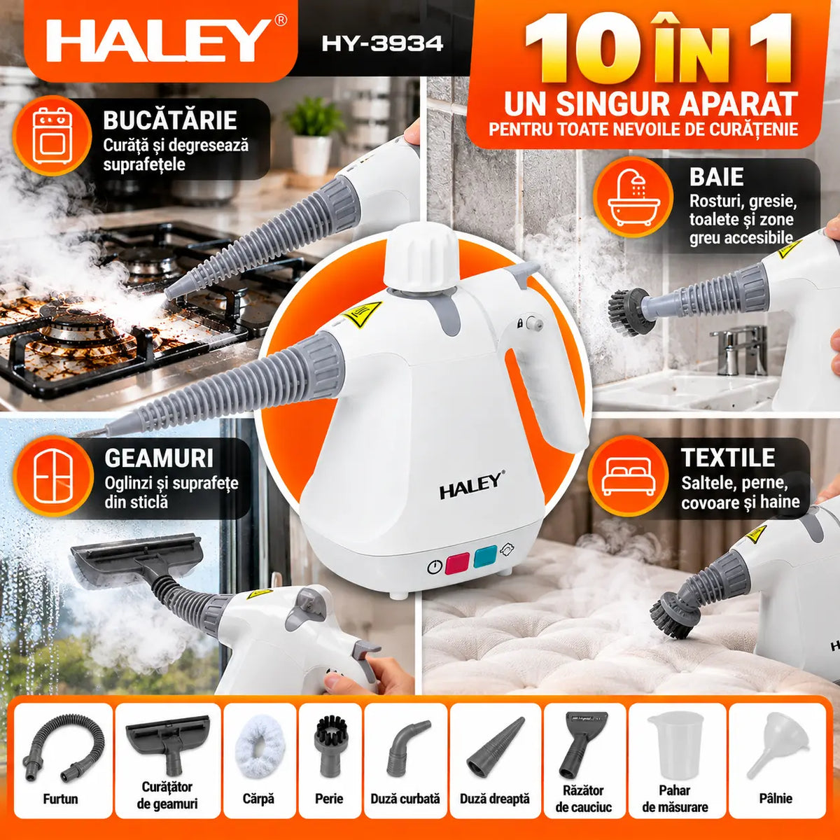 Aparat de Curățat cu Abur HALEY® HY-3934, Multifuncțional 10 în 1, 1000W, Presiune 3 Bar 300 kPa, Rezervor 350 ml, Abur Fierbinte peste 100°C, Curățare, Degresare și Igienizare Fără Substanțe Chimice