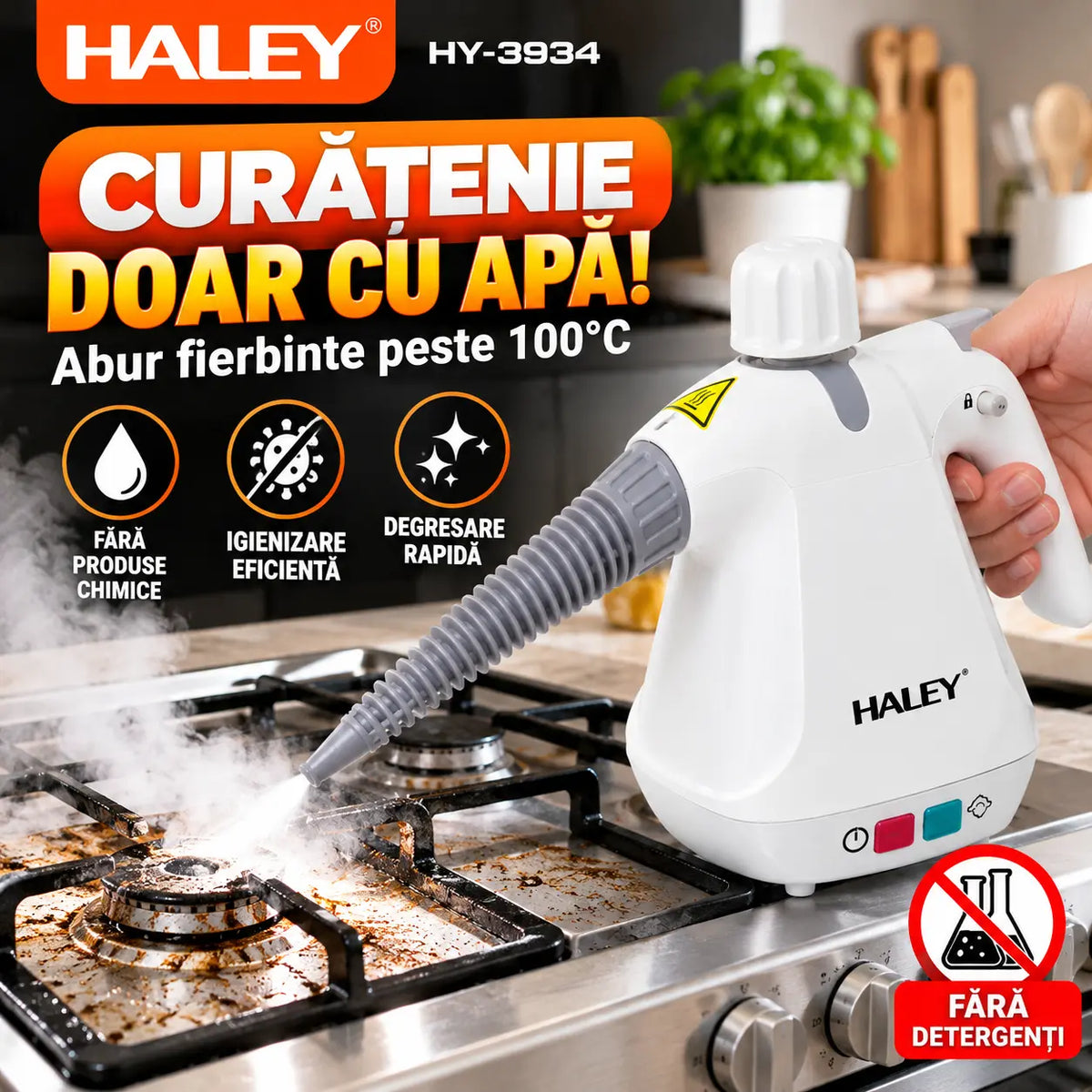 Aparat de Curățat cu Abur HALEY® HY-3934, Multifuncțional 10 în 1, 1000W, Presiune 3 Bar 300 kPa, Rezervor 350 ml, Abur Fierbinte peste 100°C, Curățare, Degresare și Igienizare Fără Substanțe Chimice