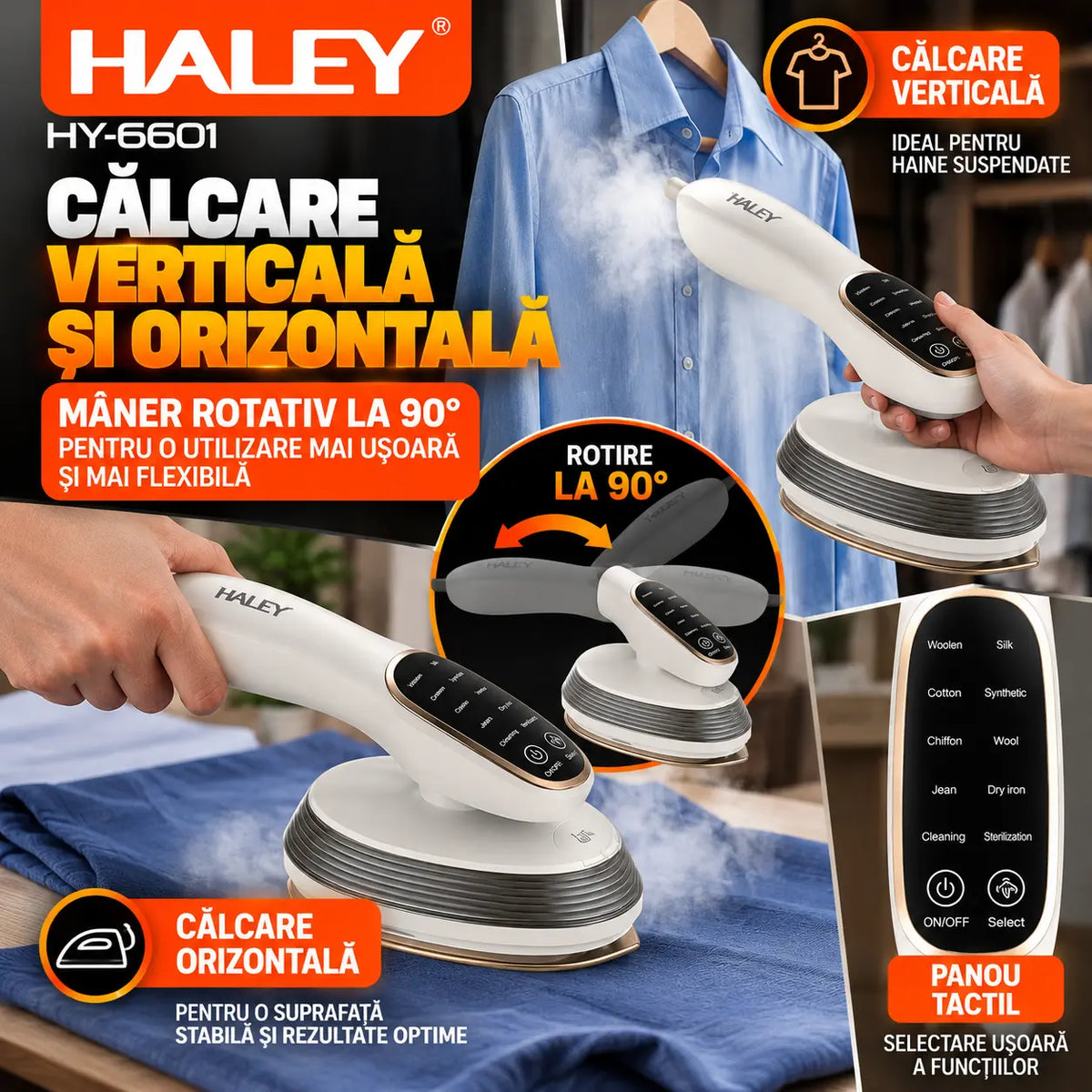 Aparat de Călcat Vertical și Orizontal cu Aburi HALEY® HY-6601, 2000W, Cap Rotativ la 90°, Panou de Control Tactil, Încălzire Rapidă în 20 Secunde, 3 Niveluri de Abur, Rezervor 120 ml, Funcție de Călcare Uscată