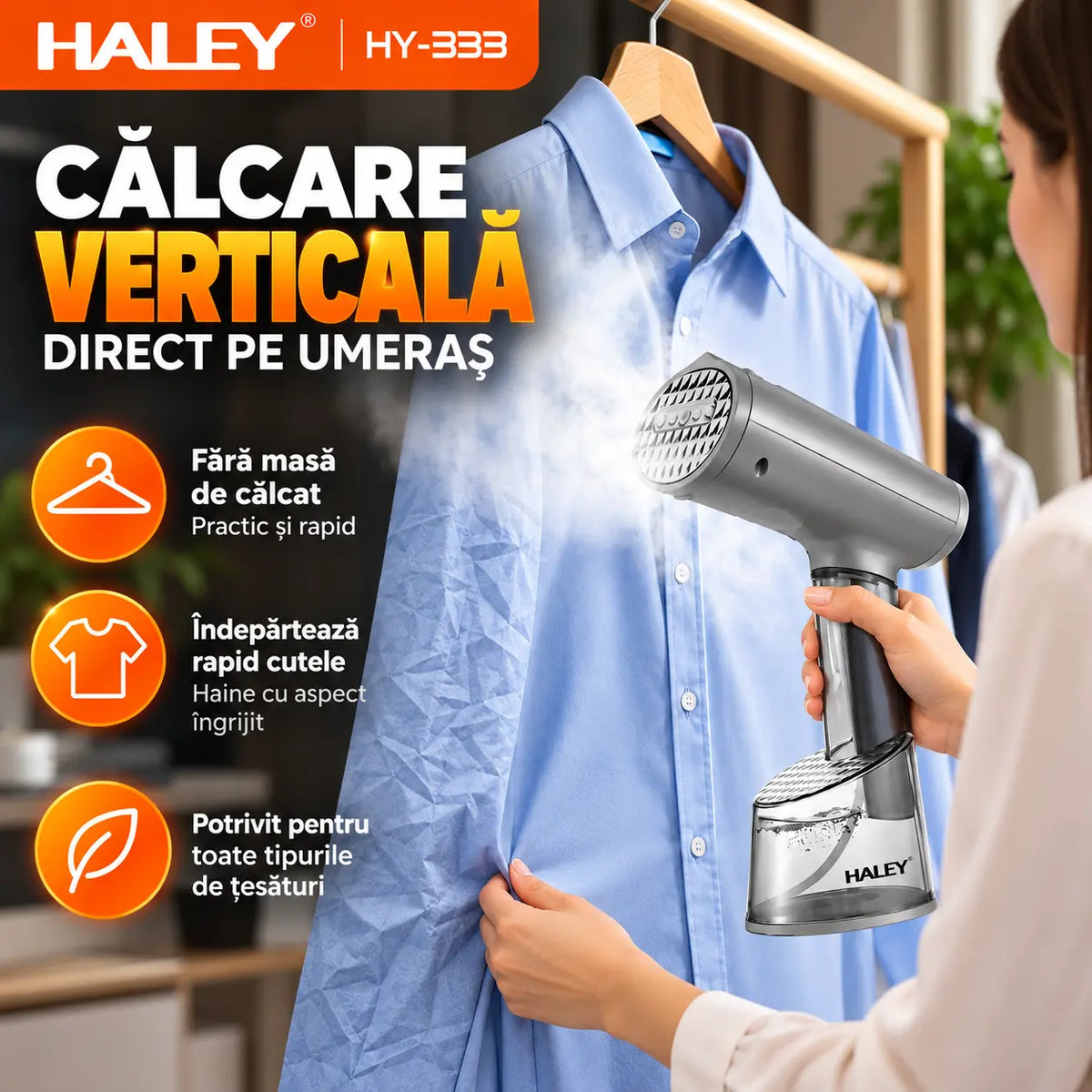 Aparat de Călcat Vertical și Orizontal cu Aburi HALEY HY-333, 1500W, Încălzire Rapidă în 20 Secunde, Debit Abur 20–25 g/min, 2 Rezervoare de Apă 70/300 ml, Protecție la Supraîncălzire, Perie Inclusă