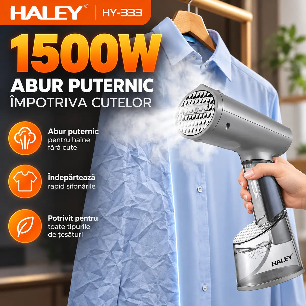 Aparat de Călcat Vertical și Orizontal cu Aburi HALEY HY-333, 1500W, Încălzire Rapidă în 20 Secunde, Debit Abur 20–25 g/min, 2 Rezervoare de Apă 70/300 ml, Protecție la Supraîncălzire, Perie Inclusă
