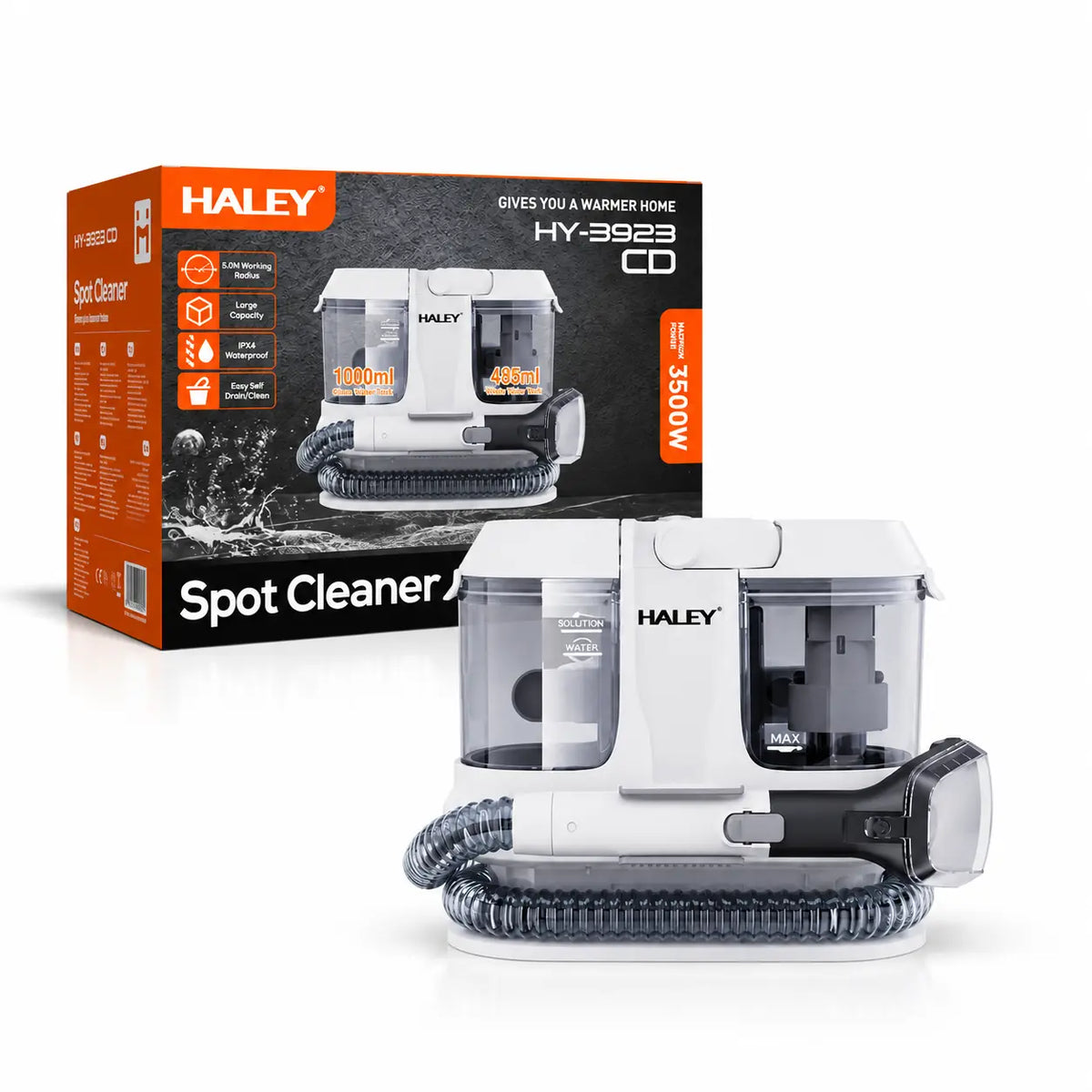 Aspirator cu Spălare pentru Tapițerie, Canapele, Covoare și Saltele HALEY® HY-3923 CD, 3500W, Rezervor Apă Curată 1000 ml, Apă Murdară 485 ml, Furtun 4 m, Curățare Pete, IPX4