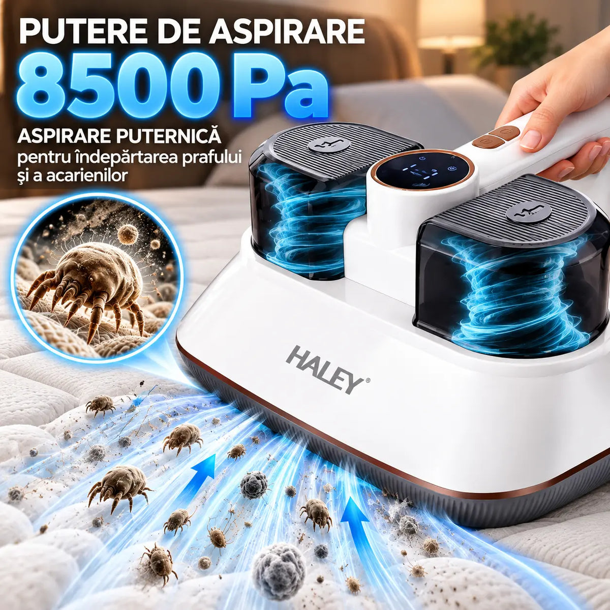 Aparat pentru Îndepărtarea Acarienilor și a Scamelor HALEY HY-1937, 500W, Putere de Aspirare 8500Pa, Sistem de Filtrare Multistrat, Funcție Antibacteriană, Display LED, Recipient 200 ml