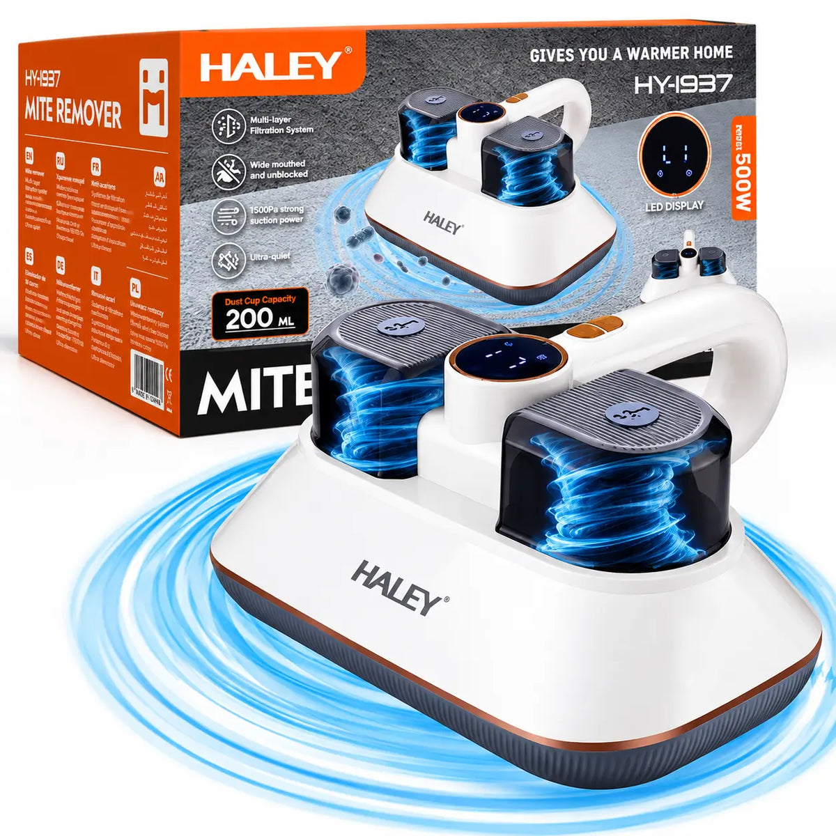 Aparat pentru Îndepărtarea Acarienilor și a Scamelor HALEY HY-1937, 500W, Putere de Aspirare 8500Pa, Sistem de Filtrare Multistrat, Funcție Antibacteriană, Display LED, Recipient 200 ml