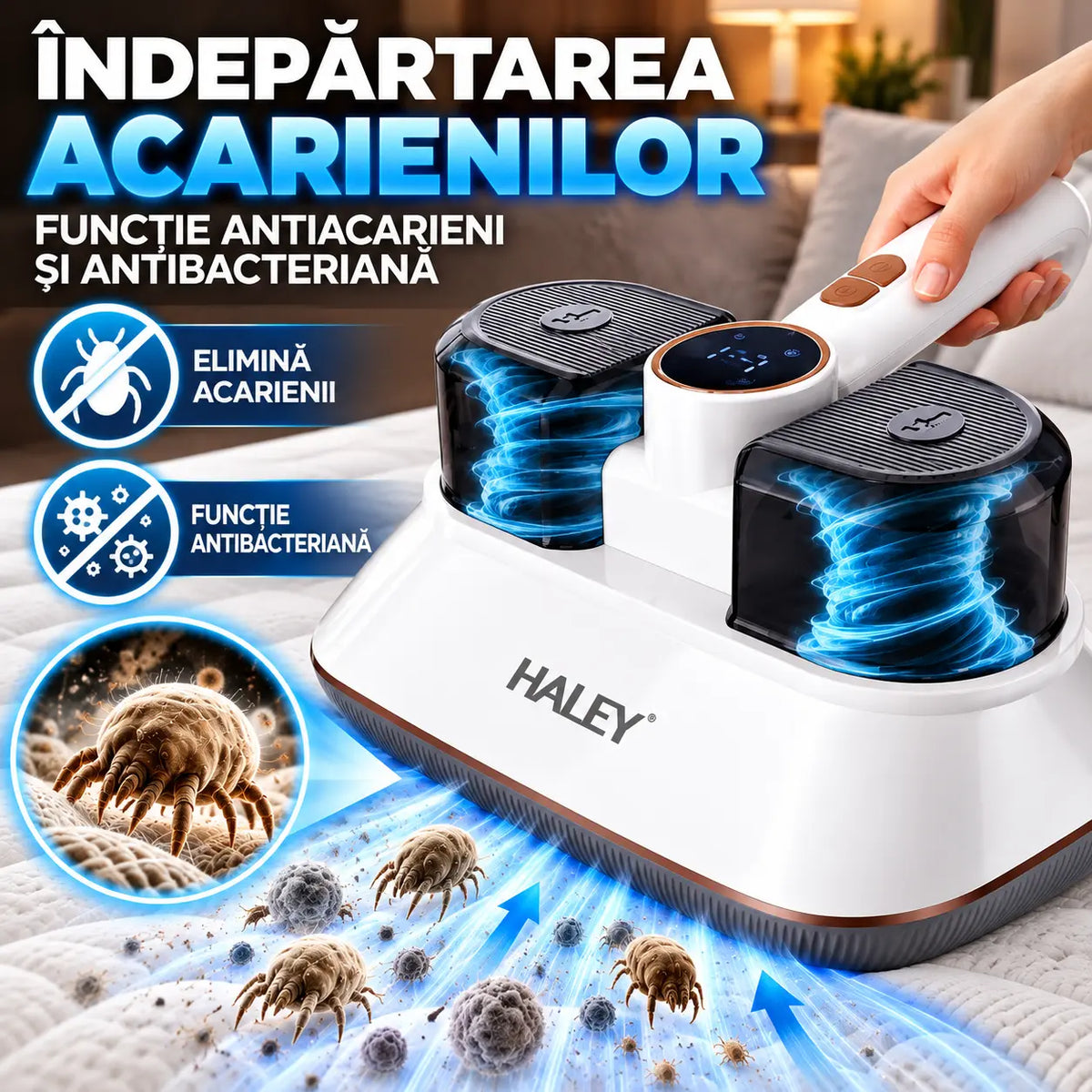 Aparat pentru Îndepărtarea Acarienilor și a Scamelor HALEY HY-1937, 500W, Putere de Aspirare 8500Pa, Sistem de Filtrare Multistrat, Funcție Antibacteriană, Display LED, Recipient 200 ml
