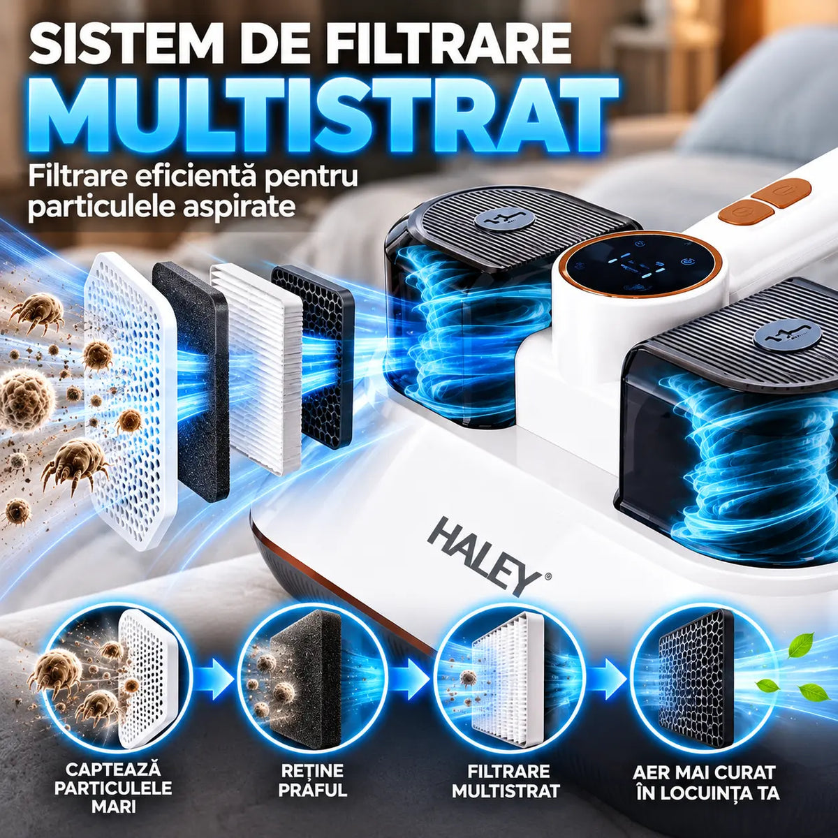 Aparat pentru Îndepărtarea Acarienilor și a Scamelor HALEY HY-1937, 500W, Putere de Aspirare 8500Pa, Sistem de Filtrare Multistrat, Funcție Antibacteriană, Display LED, Recipient 200 ml