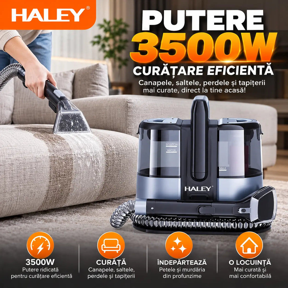 Aspirator cu Spălare HALEY HY-3923 AB, 3500W, Curățare Tapițerie, Canapele, Saltele și Covoare, Rezervor Apă Curată 1350 ml, Rezervor Apă Murdară 800 ml, Rază de Lucru 4 m, IPX4