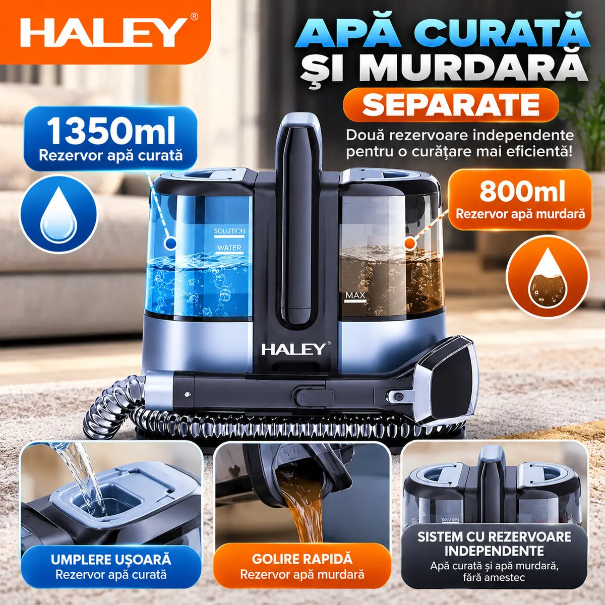 Aspirator cu Spălare HALEY HY-3923 AB, 3500W, Curățare Tapițerie, Canapele, Saltele și Covoare, Rezervor Apă Curată 1350 ml, Rezervor Apă Murdară 800 ml, Rază de Lucru 4 m, IPX4