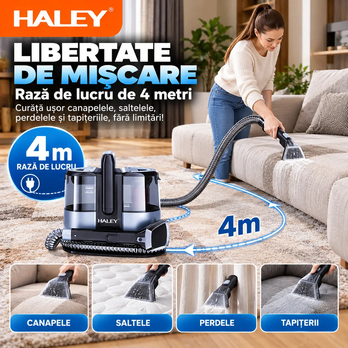 Aspirator cu Spălare HALEY HY-3923 AB, 3500W, Curățare Tapițerie, Canapele, Saltele și Covoare, Rezervor Apă Curată 1350 ml, Rezervor Apă Murdară 800 ml, Rază de Lucru 4 m, IPX4