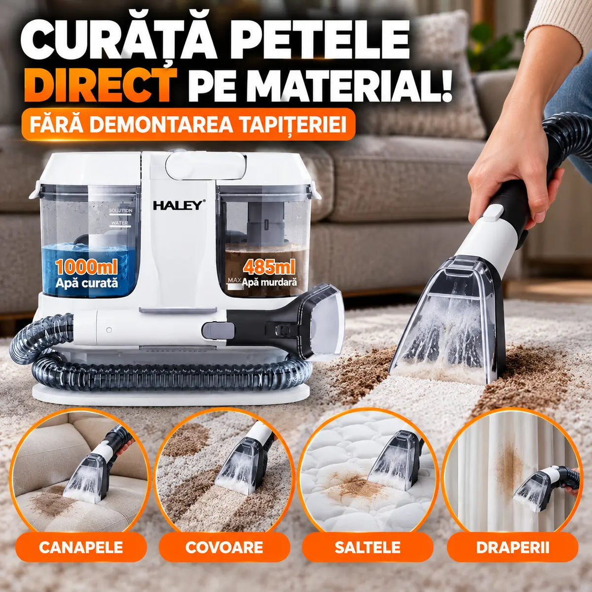 Aspirator cu Spălare pentru Tapițerie, Canapele, Covoare și Saltele HALEY® HY-3923 CD, 3500W, Rezervor Apă Curată 1000 ml, Apă Murdară 485 ml, Furtun 4 m, Curățare Pete, IPX4