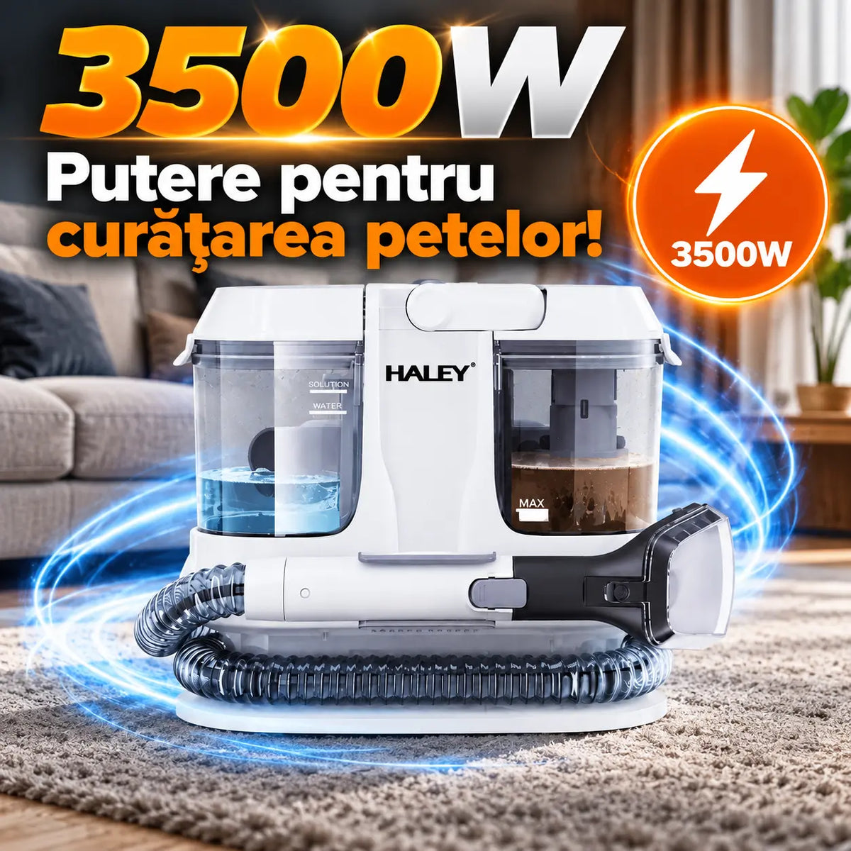 Aspirator cu Spălare pentru Tapițerie, Canapele, Covoare și Saltele HALEY® HY-3923 CD, 3500W, Rezervor Apă Curată 1000 ml, Apă Murdară 485 ml, Furtun 4 m, Curățare Pete, IPX4