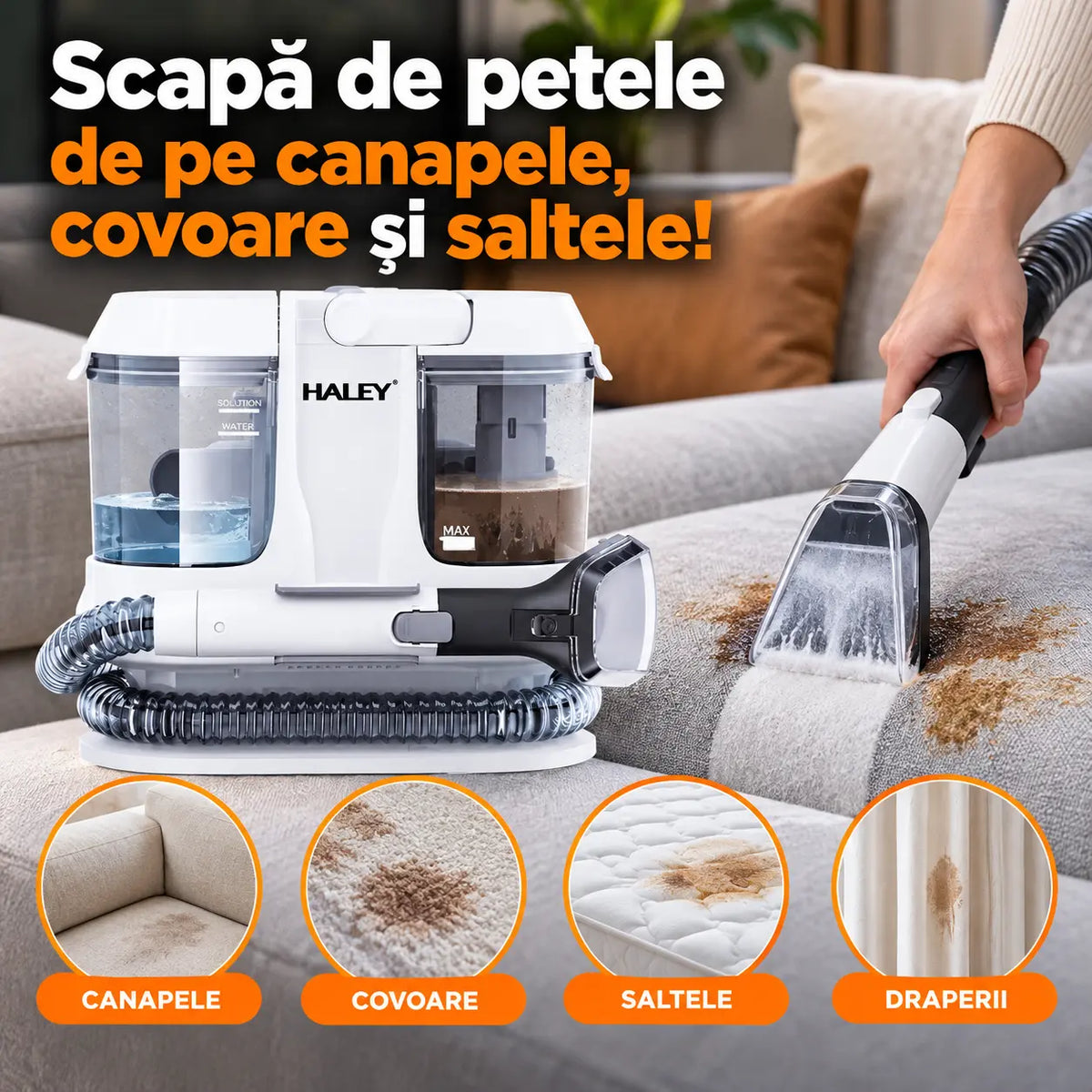 Aspirator cu Spălare pentru Tapițerie, Canapele, Covoare și Saltele HALEY® HY-3923 CD, 3500W, Rezervor Apă Curată 1000 ml, Apă Murdară 485 ml, Furtun 4 m, Curățare Pete, IPX4